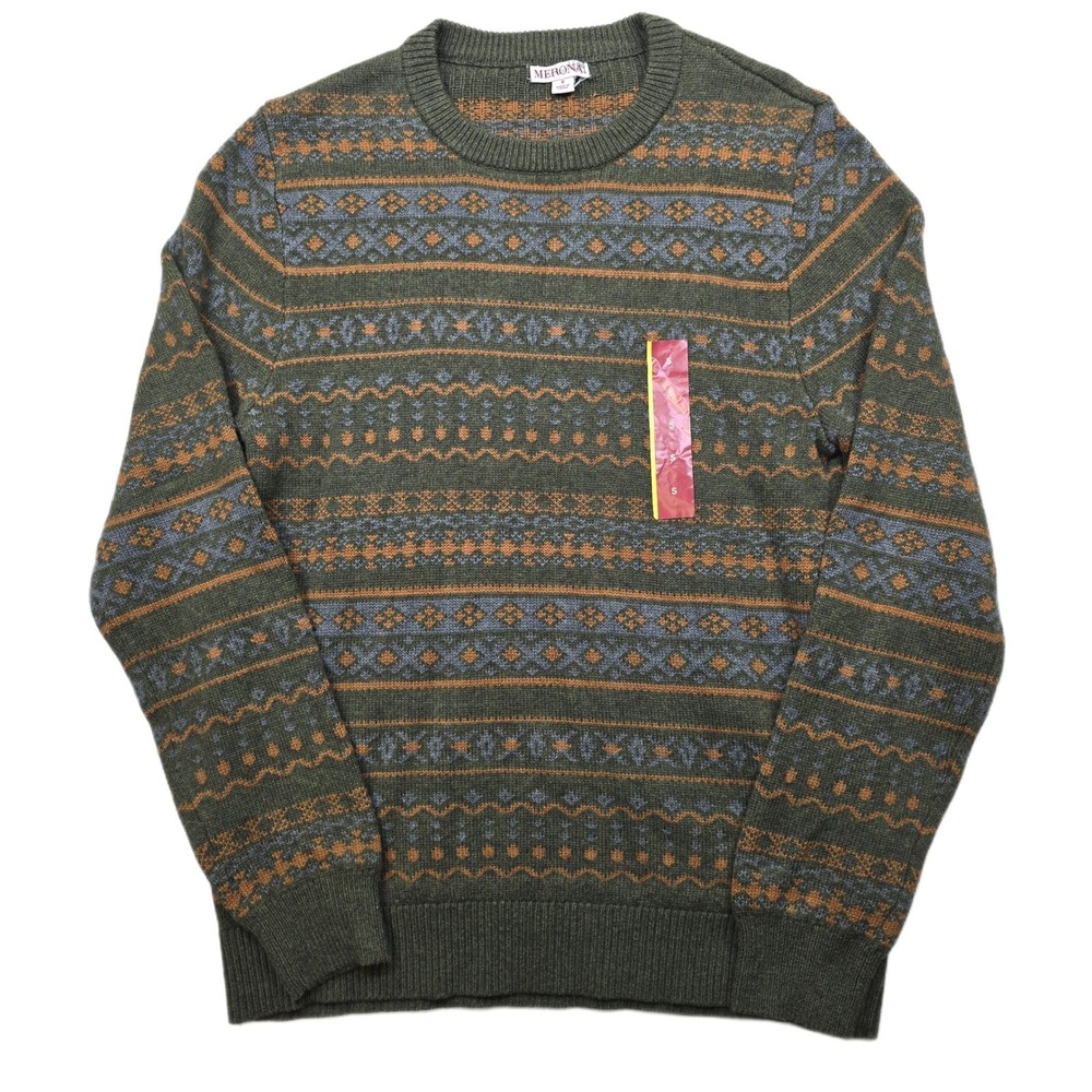 Merona Fair Isle Crewneck Sweater Mens Small Green Orange‎ Blue NEW